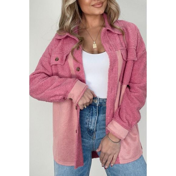 Azura Exchange  Pink Colorblock Buttoned Flap Pocket Sherpa Shacket - Picture 1 of 8